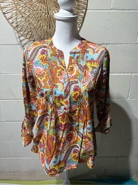 Notations Multicolor Paisley Pintuck Tunic — Orange, Aqua, Pink